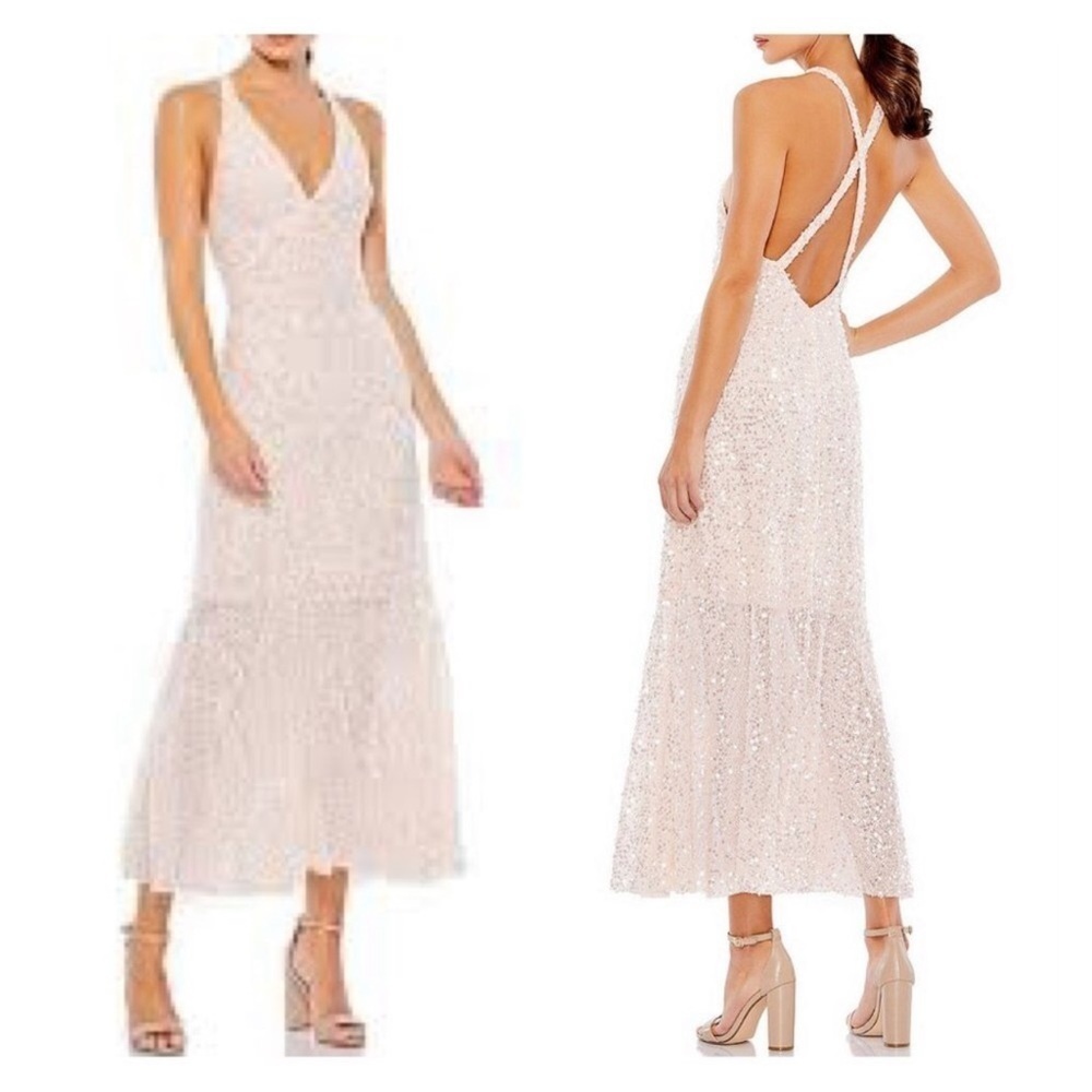 Leena for Mac Duggal, light pink V-Neck halter Dress Medium